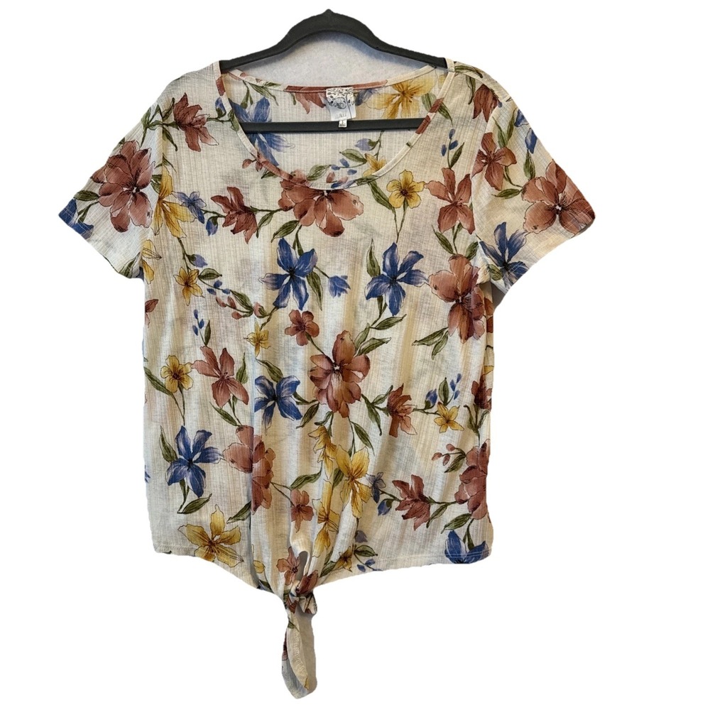 Sheer‎ Ribbed Colorful Floral Tie Front  Top Women's L Boho Resort Cottage Fairy
